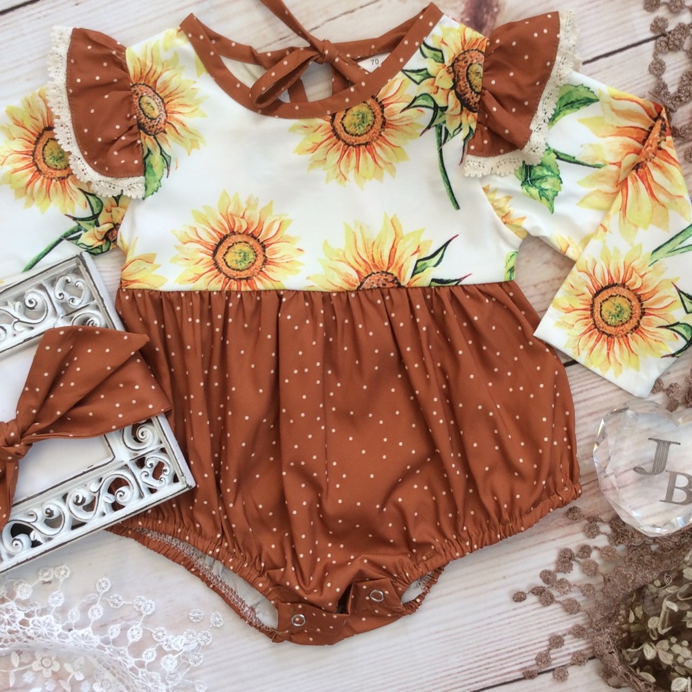 Boutique Baby Girl Sunflower Romper 2pc - Picture 2 of 4